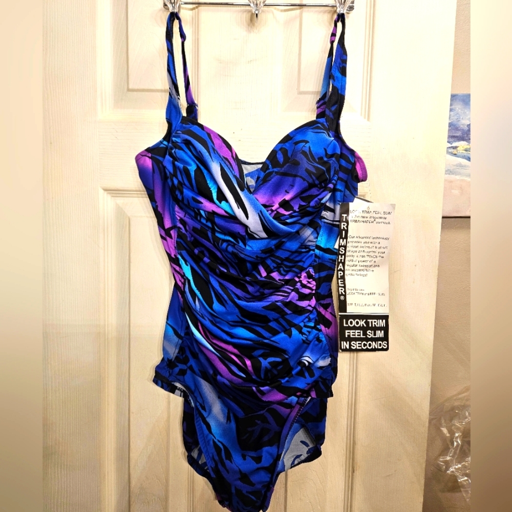 Trimshaper blue purple Lava Averi One Piece Swimsuit bathing suit sz 12 new